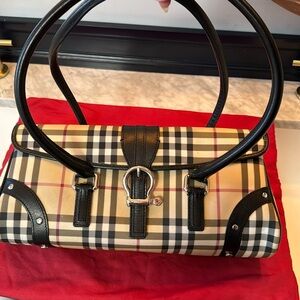 BURBERRY Nova Barrel Handbag 
Beige /Black Leather/ Check Plaid Pattern Canvas
